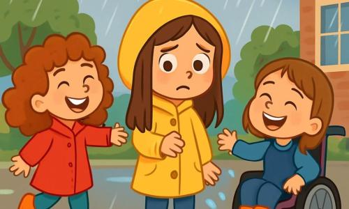 Il y a trois personnages : Lina, une fille de 6 ans avec de longs cheveux bruns, des yeux curieux et un imperméable jaune, debout au centre avec une expression de peur ; Zoé, également âgée de 6 ans, avec des cheveux bouclés et un grand sourire, portant un manteau rouge et tendant la main à Lina ; et Emma, une fille de 6 ans en fauteuil roulant, avec des cheveux lisses et une grande joie, riant et éclaboussant une flaque d'eau. La scène se déroule dans une cour d'école sous une pluie battante, avec des gouttes d'eau et des flaques brillantes. Lina est un peu effrayée par la pluie, tandis que Zoé l'encourage et qu'Emma s'amuse, illustrant ainsi le thème de l'amitié et du soutien face à la peur.