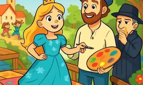 La princesse Liora, avec ses longs cheveux dorés, porte une robe turquoise ornée de fleurs. Son visage exprime détermination et joie au milieu d'un pont coloré, entourée de planches aux motifs vibrants. À ses côtés, Matteo, un peintre d'une trentaine d'années, sourit en tenant une palette de couleurs. Le juge, un homme âgé en robe sombre et chapeau noir, observe pensivement la scène. Le pont en bois, reliant un village animé à un bosquet luxuriant, est partiellement réparé. Les arbres scintillent sous le soleil et des fleurs colorées bordent le chemin. En arrière-plan, des enfants jouent et des oiseaux volent dans le ciel bleu. Liora et Matteo célèbrent la réparation du pont, entourés de villageois enthousiastes, prêts à traverser ensemble, tandis que le juge commence à sourire, prêt à accepter cette nouvelle harmonie.