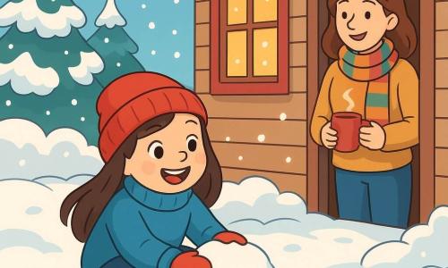 Une fille de 8 ans, Louise, sourit en jouant dans un jardin enneigé. Elle porte un gros pull bleu, un bonnet rouge et des bottes en caoutchouc. Sa maman, une femme d'environ 35 ans, l'observe depuis la porte de la maison, enveloppée dans une écharpe colorée et tenant une tasse de chocolat chaud. Le jardin est recouvert de neige scintillante, avec des arbres chargés de flocons et une maison en bois aux volets rouges. Louise s'amuse à faire des boules de neige, riant dans le silence magique de l'hiver, tandis que des flocons tombent autour d'elle.