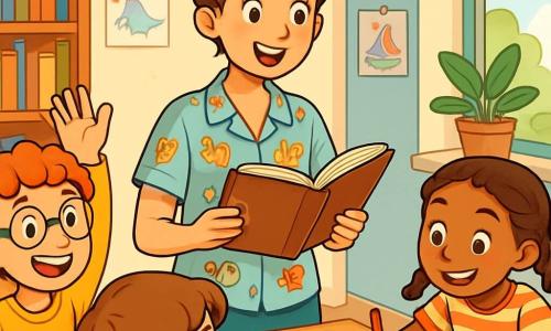 Une institutrice d'une trentaine d'années, souriante, avec des cheveux châtains en chignon, se tient devant une grande table en bois, entourée d'enfants. Elle porte une blouse colorée ornée de dessins d'animaux et tient un carnet ouvert, les yeux brillants d'excitation. Un garçon de 8 ans, aux cheveux bouclés et lunettes rondes, lève la main avec enthousiasme, tandis qu'une fille de 9 ans avec des tresses dessine sur une grande feuille de papier. La scène se déroule dans une salle de classe lumineuse, décorée de dessins d'enfants et de livres colorés, avec une grande fenêtre laissant entrer la lumière. L'institutrice guide ses élèves dans un projet d'écriture de contes, créant une atmosphère de créativité et d'enthousiasme.