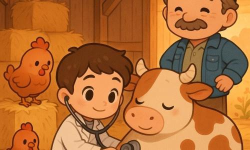 Un vétérinaire souriant aux cheveux bruns courts, agenouillé en blouse blanche, ausculte une vache nommée Marguerite (grande, robe brune tachetée de blanc, couchée sur du foin) avec un stéthoscope; le fermier moustachu d'une cinquantaine d'années en veste en jean et casquette se tient debout, soulagé, mains sur les hanches; une petite poule rousse nommée Mademoiselle Poulette, patte légèrement bandée, perchée sur une botte de paille près du vétérinaire; l'étable en arrière-plan avec poutres claires, bottes de foin, seau bleu et lumière chaude du coucher de soleil; ambiance douce, couleurs chaudes, style chibi kawaii aux traits ronds et expressions exagérées.