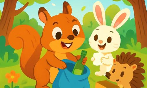 Sacha, un écureuil au pelage brun et aux yeux pétillants, ramasse des déchets dans une forêt ensoleillée, affichant un grand sourire. À ses côtés, Lola, une lapine aux longues oreilles et au pelage blanc, l'encourage tout en tenant un morceau de papier. Tim, un hérisson aux piquants bruns, semble perplexe mais amusé avec un carton. La forêt est verdoyante, illuminée par des rayons de soleil. Ensemble, Sacha et ses amis nettoient la forêt pour la rendre plus belle, tout en riant et en s'encourageant.