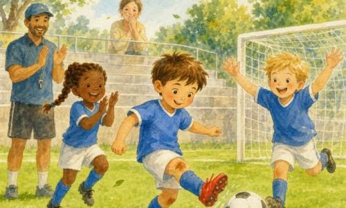 Léo, garçon aux cheveux bruns courts, frappe le ballon du pied gauche qui roule dans le filet; un coéquipier blond court à droite bras levés, une coéquipière à tresse brune applaudit à gauche, l'entraîneur casquette et sifflet applaudit depuis la ligne et la mère de Léo, émue, se tient dans les gradins; terrain herbeux, but blanc, arbres et ciel bleu, ambiance lumineuse aux traits aquarelle doux.