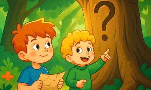 Il y a deux personnages principaux : Hugo, un garçon de 8 ans aux cheveux roux et aux taches de rousseur, portant un t-shirt bleu et un short beige, tenant une carte mystérieuse et regardant la forêt avec curiosité ; et Léo, également âgé de 8 ans, avec des boucles dorées et un pull vert, qui sourit en pointant un arbre majestueux. L'histoire se déroule dans la Forêt des Questions, une forêt enchantée avec de grands arbres aux troncs noueux et des feuilles vertes. Hugo et Léo se tiennent devant un arbre ancien gravé d'une question mystérieuse, captivés et prêts à répondre à l'énigme.