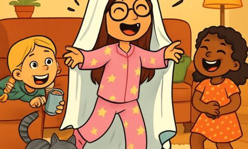 Trois personnages sont présents : Zoé, une fille de 9 ans avec de longs cheveux bruns et des lunettes rondes, porte un pyjama rose et une nappe blanche sur la tête, riant comme un fantôme. Lila, également âgée de 9 ans, a des cheveux blonds en tresses et se cache derrière un canapé avec une boîte de conserve. Mia, aussi âgée de 9 ans, a des cheveux bouclés et une robe à pois, riant en regardant un chat qui joue avec la nappe. La scène se déroule dans un salon chaleureux aux murs jaunes, avec un canapé confortable, des coussins colorés et une lumière douce. Les trois amies s'amusent, Zoé trébuchant sur le tapis tandis que Lila et Mia rient, créant une ambiance joyeuse.