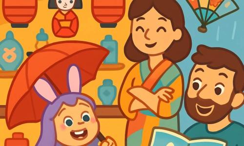 Lila, une petite fille aux longues oreilles de lapin, se tient sous un toit en bois, émerveillée et souriante, tenant une ombrelle rouge qui contraste avec la pluie. À ses côtés, sa maman, douce et en kimono coloré, admire sa joie, tandis que son papa, jovial avec une légère barbe, feuillette un livre sur le Japon, fasciné. Ils se trouvent dans un petit magasin japonais décoré de lanternes rouges, de poupées et d'éventails, créant une atmosphère chaleureuse. Lila est prête à découvrir les merveilles de Tokyo tout en se protégeant de la pluie.