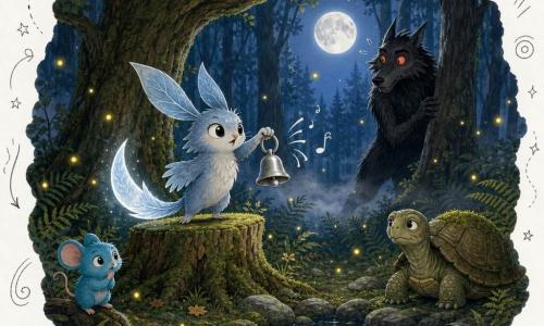 Plume-de-Lune, petit être nocturne entre lapin et oiseau au pelage bleu-gris, longues oreilles en feuille et queue brillante, tient et agite une petite clochette d'argent sur une souche mousseuse ; un grand loup noir, hirsute et surpris, recule à demi caché derrière des troncs, tandis qu'une souris turquoise perchée sur une racine observe, la tortue au regard ancien et carapace mousseuse veille au bord d'un étang ; la clairière sous un vieux chêne, tapis de mousse, pierres humides, fougères et lucioles sous la pleine lune crée une atmosphère nocturne rassurante et légèrement brumeuse, couleurs contrastées (bleus doux, verts profonds, touches d'argent et de braises rouges).