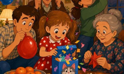 Fille de 6 ans joyeuse aux yeux brillants et couettes châtain clair, portant une robe rouge à pois blancs et tenant une petite boîte bleue à biscuits ; père (~35 ans) accroupi à gauche gonfle un ballon rouge ; mère (~33 ans) à droite accroche une guirlande dorée ; grand-mère (~65 ans) en chignon plie des étoiles en papier à la table ; grand-père (~68 ans) debout en arrière-plan sourit, tenant un ruban pour sa moustache ; salon chaleureux et festif avec lampes basses, guirlandes dorées, ballons rouges et bleus, table en bois avec bol de mandarines et bougie allumée ; la famille réunie autour de la table, la fille ouvre doucement une boîte à compliments tandis que des papiers colorés tombent comme des flocons, expressions tendres, éclairage doux et couleurs chaudes.