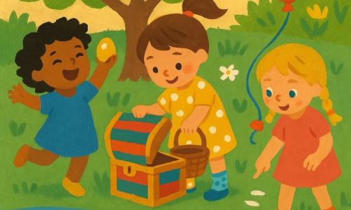 Trois fillettes de 3 ans découvrent un coffre coloré rempli d'œufs de Pâques peints et de bonbons dans un jardin de printemps sous un pommier : au centre Lila en robe jaune à pois et chaussettes dépareillées tient un panier et ouvre le coffre, à gauche Noor en robe bleue aux cheveux bouclés saute en montrant un œuf brillant, à droite Zoé en robe rose à tresses blondes pointe des petits pas dessinés au sol et a un ballon rouge au poignet; herbe parsemée de pâquerettes, mare brillante avec un canard souriant, lumière douce du soir, atmosphère chaleureuse et ludique aux couleurs vives.