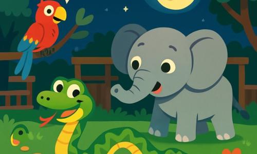 Un serpent luisant aux écailles vertes et jaunes se faufile dans l'herbe avec un sourire malicieux. À côté, un éléphant gris aux grandes oreilles renifle l'air avec sa trompe. Un perroquet aux plumes rouges, bleues et vertes est perché sur une branche, criant 