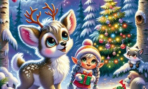 Un jeune renne au pelage argenté, avec des bois en boutons et un petit toupet sombre, regarde émerveillé une étoile scintillante au sommet d'un sapin de Noël. Ses grands yeux brillent d'excitation sur la neige étincelante, entouré de flocons de neige. À ses côtés, une lutinette aux cheveux tressés et portant un bonnet rouge orné d'un grelot sourit malicieusement, tenant un paquet coloré. Un renard argenté, curieux, observe la scène depuis un rocher. La clairière enchantée est illuminée par la lune et des lanternes en forme de pommes de pin, créant une atmosphère magique. Le renne lève la tête vers l'étoile brillante, tandis que la lutinette et le renard l'encouragent, prêts à célébrer la magie de Noël.