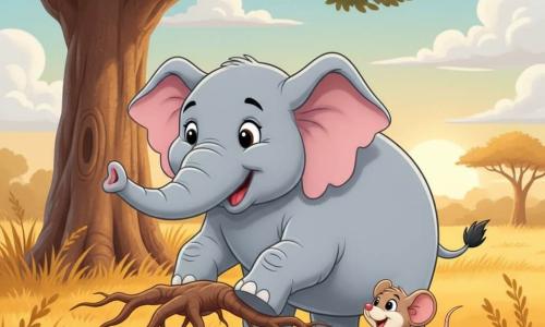 Un éléphant gris clair, rond et souriant, aux grandes oreilles roses et aux yeux doux, soulève avec sa trompe courbée une grosse racine brune pour aider une petite souris beige aux grandes oreilles et yeux brillants, placée au premier plan à droite ; en arrière-plan, une savane dorée aux herbes jaune-orangé et un grand baobab sous un ciel bleu pastel parsemé de nuages blancs, scène chaleureuse, couleurs contrastées et formes simples, composition claire pour très jeune enfant.