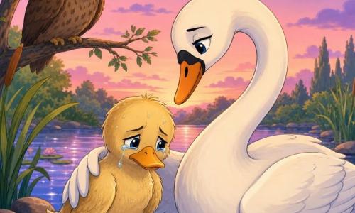 Un petit canard triste aux yeux humides et plumes légèrement mouillées est réconforté par un grand cygne blanc au cou élégant qui pose doucement une aile sur son épaule ; en arrière-plan un vieux hibou aux yeux sages observe depuis une branche basse, le tout sur une rive de rivière au crépuscule avec eau miroitante, roseaux et nénuphars, lumière douce et atmosphère chaleureuse, style couleurs vives mais pastel et contours nets typiques des dessins animés des années 90.