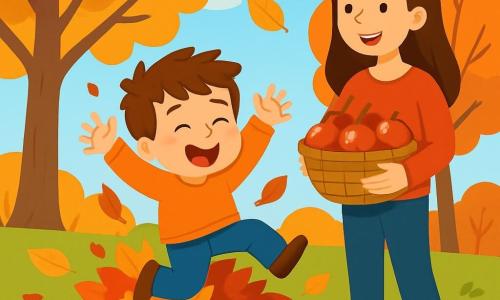 Un petit garçon de 4 ans, Tom, saute dans un tas de feuilles d'automne. Il a des cheveux bruns en bataille, des yeux pétillants, des joues roses et porte un pull orange vif et un pantalon en jean. Sa maman, une femme d'environ 30 ans avec de longs cheveux châtains, tient un panier de pommes rouges et le regarde avec tendresse, prête à l'aider à ramasser les feuilles. Le jardin est en automne, avec des arbres aux feuilles dorées, oranges et rouges, sous un ciel bleu clair. Tom s'amuse à sauter dans les feuilles, riant, tandis que sa maman l'observe, créant une scène joyeuse et colorée.