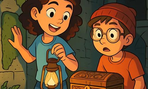 Lila, une fille de 12 ans aux cheveux bruns bouclés et aux yeux curieux, se tient devant une vieille dalle de pierre recouverte de mousse, excitée et émerveillée. Elle porte un t-shirt bleu clair et un short en jean, tenant une lampe à pétrole d'une main tout en touchant la pierre de l'autre. À ses côtés, Noé, un garçon de 12 ans avec un bonnet rouge et des lunettes, observe la dalle avec appréhension et enthousiasme. Ils se trouvent dans une crypte sombre et mystérieuse, avec des murs en pierre, des niches vides et des fougères. Ils découvrent un trésor caché, un coffret en bois sculpté, sur une table au centre de la crypte, prêts à en révéler le contenu.