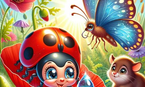 Une coccinelle joyeuse, avec une carapace rouge vif et sept tâches noires, se tient sur un pétale de coquelicot, exprimant émerveillement et curiosité. À ses côtés, un papillon aux ailes bleu et jaune vole gracieusement, souriant à la coccinelle. Un mulot brun, inquiet mais curieux, se cache derrière une feuille, prêt à aider. Le jardin luxuriant est rempli de fleurs colorées et de rayons de soleil. Une goutte de rosée scintillante repose sur une feuille, et la coccinelle s'apprête à la toucher, prête à découvrir les secrets du jardin enchanté.