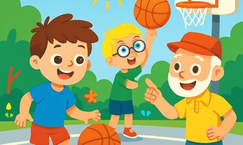 Il y a trois personnages : Lucas, un garçon de 8 ans avec des cheveux bruns en bataille, un grand sourire, un t-shirt bleu vif et des shorts rouges, qui dribble un ballon de basketball orange ; Tom, un garçon de 7 ans avec des cheveux blonds et des lunettes rondes, portant un t-shirt vert et des pantalons courts, qui essaie de lancer le ballon vers le panier ; et Monsieur Jules, un homme âgé avec des cheveux gris et une barbe bien taillée, portant un chapeau rouge et un polo jaune, qui montre aux garçons comment dribbler. Ils se trouvent sur un terrain de basketball en plein air, entouré d'arbres et de fleurs, avec un sol en béton lisse et un ciel bleu clair. Lucas et Tom s'entraînent, Lucas dribblant et Tom se préparant à tirer, tandis que Monsieur Jules les encourage sous un soleil radieux.