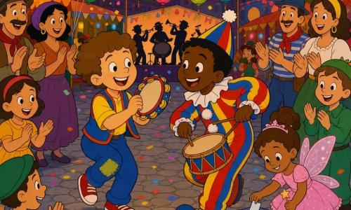 Timothée, 6 ans, cheveux bouclés, souriant, joue du tambourin en dansant sur la place du carnaval; Lucas, 6 ans, en costume de clown rayé rouge, jaune et bleu, frappe un petit tambour en riant, complice; une fillette d'environ 5 ans déguisée en fée en robe rose et ailes scintillantes tient un papier près d'une boîte en carton décorée d'étoiles où elle dépose une idée; la place pavée est bordée de stands en bois colorés, guirlandes, ballons et lampions, des musiciens sont au loin; au centre, les deux garçons dansent au milieu d'un cercle de spectateurs souriants sous des lanternes orangées et des confettis, ambiance joyeuse.