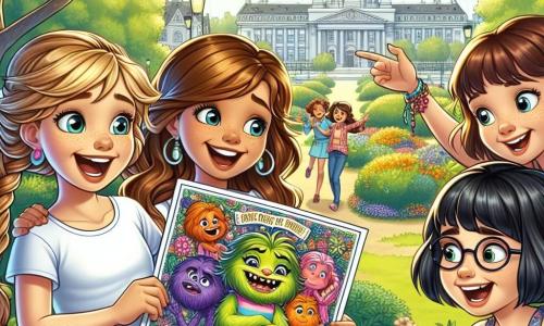 Dans un parc ensoleillé, quatre filles joyeuses se tiennent ensemble. Clara, 10 ans, avec des cheveux bruns en tresses, tient une affiche colorée d'un monstre amusant. À côté, Léa, 9 ans, aux cheveux blonds en bataille, rit aux éclats. Chloé, 10 ans, avec des lunettes, pointe l'affiche, amusée. Anaïs, 9 ans, aux cheveux noirs, se cache derrière un buisson en essayant de ne pas rire. Le parc est verdoyant, avec des arbres, des fleurs et un ciel bleu. Les filles rient en observant les réactions des adultes face à l'affiche du "Monstre de Montplaisir", tandis qu'un petit chat curieux s'approche, ajoutant une touche de magie à ce moment hilarant.