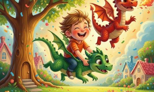 Léo, 4 ans, riant, cheveux châtain clair, tient la crinière d’un petit dragon vert nommé Zippy qui le porte en vol joyeux au‑dessus d’un jardin et d’un village en bonbons tandis qu’un plus grand dragon rouge, Flamme, virevolte en crachant de petites étincelles colorées ; pelouse verte, grand chêne avec porte ronde, parterres fleuris, confettis et étoiles filantes, ambiance lumineuse et chaleureuse, palette vive, peinture acrylique à coups de pinceau visibles et textures épaisses.