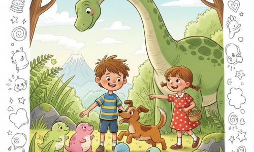 Garçon de 6 ans souriant aux cheveux châtain en bataille, t-shirt rayé bleu et jaune, genoux sales, tend la main pour caresser un bébé dinosaure; sa copine de 6 ans en couettes, robe rouge à pois blancs, tient un petit panier et montre la maman dinosaure juste derrière le garçon; leur chien brun moyen Rufus, langue pendante et oreilles en alerte, saute joyeusement; une grande maman diplodocus verte et tachetée incline son long cou vers plusieurs bébés dinosaures ronds et pastel blottis autour des enfants; clairière préhistorique ensoleillée avec herbes hautes, fougères géantes, rochers moussus et volcan lointain fumant; scène joyeuse et mouvementée où enfants et chien aident les bébés à retrouver leur mère, ambiance chaleureuse et drôle; style graphique aux couleurs vives, textures douces, traits crayonnés, expressions exagérées et mignonnes, avec petits doodles (cœurs, étoiles, empreintes).