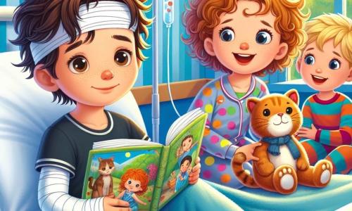 Thomas, un garçon de 10 ans, est assis sur un lit d'hôpital, tenant un livre illustré, avec une expression mêlant curiosité et inquiétude. À ses côtés, Lila, une petite fille de 9 ans aux cheveux bouclés, sourit en tenant une peluche. Max, un autre garçon de 10 ans avec un bras en écharpe, se tient près de la fenêtre, enthousiaste. La chambre d'hôpital est lumineuse, avec des murs bleus et des dessins d'animaux. Ensemble, Thomas, Lila et Max partagent un moment de complicité, rendant l'atmosphère chaleureuse et pleine d'espoir malgré le contexte hospitalier.