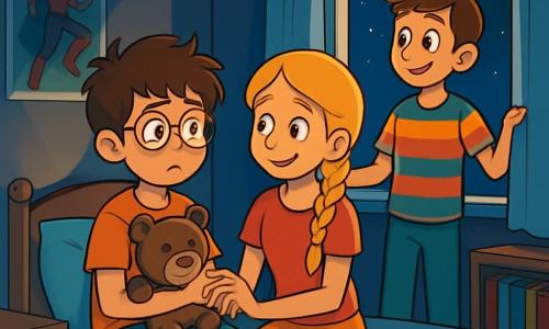 Il y a trois personnages : Martin, un garçon de 12 ans aux cheveux bruns en bataille et lunettes rondes, assis sur son lit avec une peluche et une expression curieuse et anxieuse ; Léa, une fille de 12 ans avec de longs cheveux blonds tressés et un sourire encourageant, assise à côté de lui en lui tenant la main ; et Hugo, un garçon de 12 ans aux cheveux châtains et t-shirt à rayures, debout près de la fenêtre, regardant la nuit étoilée avec confiance. La scène se déroule dans la chambre de Martin, décorée de posters de super-héros, avec une lumière douce et une brise légère. Ils surmontent ensemble la peur du noir, Martin se concentrant sur sa peluche, Léa lui souriant et Hugo lui montrant les étoiles.