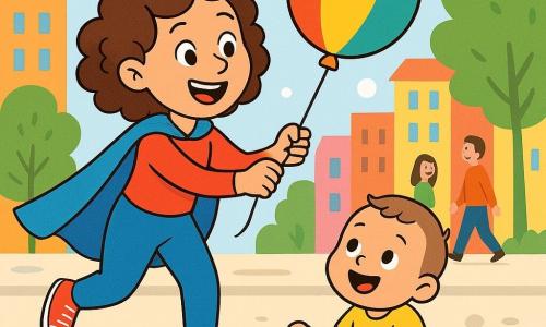 Une femme souriante, Madame Super Lila, porte une cape bleue brillante et des baskets rouges. Elle a des cheveux bouclés et des yeux pétillants de joie. Elle court avec un grand sourire, tenant un ballon coloré. À côté d'elle, un bébé de 2 ans, avec des joues rondes et des yeux émerveillés, regarde le ballon en souriant, assis sur le sol entouré de jouets colorés. Le décor est une rue animée de la ville avec des bâtiments hauts aux façades colorées, des arbres verts et des gens souriants. Des bulles flottent dans l'air, créant une ambiance joyeuse. Madame Super Lila aide le bébé à récupérer son ballon qui a roulé, tout en riant et en s’amusant.