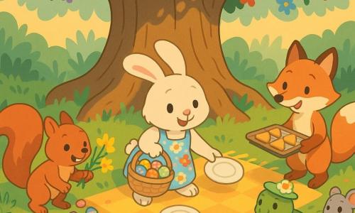 Lapinou, petit lapin blanc crème aux grandes oreilles tombantes, souriant, porte un tablier à fleurs et tient un panier d’œufs multicolores en disposant des assiettes sur une nappe jaune; Écureuil, roux et énergique, tient un bouquet de jonquilles et pose des galets; Tortue, verte et bienveillante, porte un petit chapeau printanier et tient une assiette de sablés assise sur la couverture; Renarde, orange et malicieuse, présente un plateau de biscuits en forme de cloche; Souricette, petite souris grise et timide, tient un œuf brillant près d’un coussin. La scène, sous un grand chêne aux racines épaisses, montre une chasse aux œufs de Pâques et un goûter en plein air sur une grande couverture colorée, avec herbe, guirlandes de fleurs, petits nids cachés et confettis, dans des tons pastel et une lumière douce de coucher de soleil, ambiance chaleureuse et lisible pour enfants.