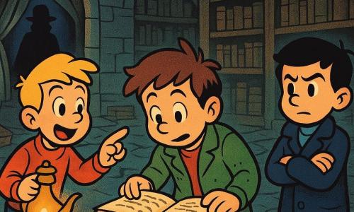 Trois garçons dans une bibliothèque secrète derrière une tapisserie : un garçon de 11 ans aux cheveux bruns en bataille et veste verte boueuse tient un livre ancien au centre penché vers une pierre ronde émettant une lueur bleue scintillante ; à gauche, un garçon de 11 ans aux cheveux blonds courts et pull rouge, émerveillé, pointe la porte secrète de la main tout en tenant une lampe à huile projetant une lumière chaude ; à droite, un garçon de 12 ans aux cheveux noirs et manteau bleu foncé, bras croisés, a une expression prudente en regardant la silhouette du gardien en cape sombre à l’arrière. Lieu : grande bibliothèque aux murs de pierre humides, étagères en bois, livres en tas, poussière visible dans les rayons de lumière, tapis usé et sol en dalles irrégulières ; ambiance sombre et mystérieuse mêlant peur douce et curiosité, contraste chaud/froid, palette saturée style cartoon rétro avec traits arrondis et ombres stylisées.