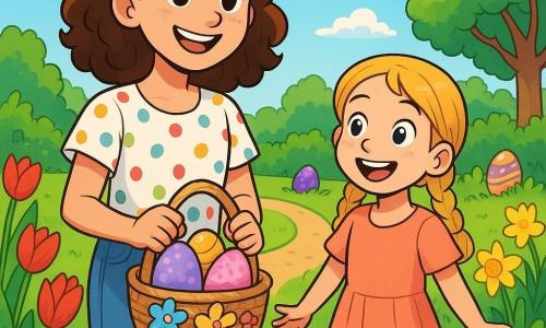 Léa, une fille de 12 ans aux cheveux châtains bouclés et aux yeux curieux, se tient dans un jardin ensoleillé, souriante. Elle porte un jean bleu et une chemise à pois colorés, tenant un panier décoré de fleurs. À ses côtés, sa petite sœur Zoé, 6 ans, avec des cheveux blonds en tresses, est impatiente de commencer la chasse aux œufs. Le jardin est rempli de fleurs éclatantes, de tulipes rouges et de jonquilles jaunes, avec des arbres verdoyants en arrière-plan et un ciel bleu parsemé de nuages blancs. Léa et Zoé sont prêtes à chercher des œufs colorés cachés dans les buissons, créant une atmosphère joyeuse de Pâques.
