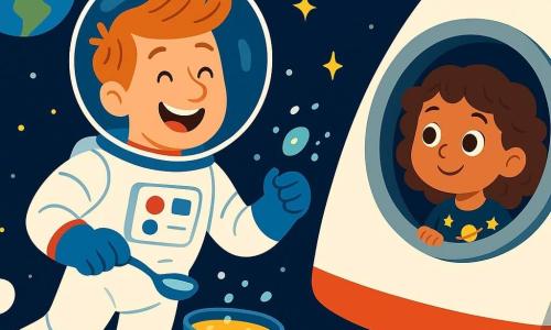 Un astronaute nommé Paul flotte dans l'espace, souriant. Il porte une combinaison spatiale blanche avec des touches de bleu et de rouge, tandis que ses cheveux flottent autour de lui. Près de lui, une petite fille de 7 ans regarde à travers un hublot, émerveillée, avec des cheveux bouclés et un t-shirt étoilé. Le vaisseau spatial est entouré d'un ciel noir parsemé d'étoiles, et la Terre apparaît en arrière-plan. Paul mange une soupe flottante, riant en essayant d'attraper une bulle d'eau brillante.