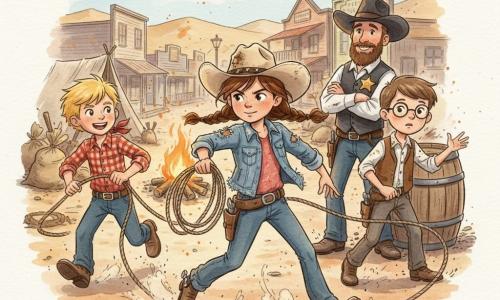 Clara, fille cow-girl d’environ 12 ans au visage concentré, tresse brune et chapeau beige, lance un lasso autour d’un hors-la-loi; Max, garçon de 12 ans aux cheveux blonds et chemise à carreaux rouge, court à gauche en tenant une corde; Tom, garçon de 12 ans aux lunettes rondes et gilet brun, donne des indications à droite; le shérif adulte, chapeau noir et étoile au torse, se tient près d’un vieux baril, bras croisés; en arrière-plan, camp de hors-la-loi avec feu de camp, tentes et sacs renversés, rue principale de Dusty Creek avec maisons en bois, enseignes branlantes et collines ocre à l’horizon; scène dynamique et lumineuse aux couleurs chaudes (ocre, brun, rouge) avec touches de bleu pour le ciel, traits nets et accents aquarelle pour la poussière.
