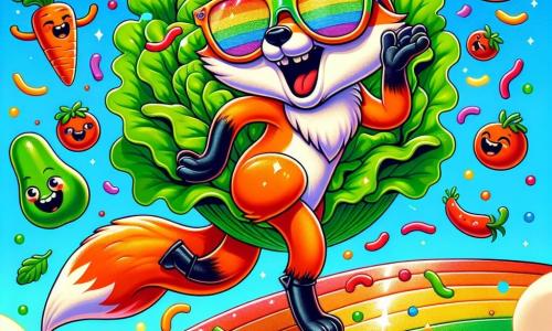 Un renard orange, portant des lunettes multicolores brillantes, danse joyeusement au sommet d'un arc-en-ciel, son visage exprimant excitation et malice. À côté de lui, une salade géante avec des feuilles vertes et des tomates rouges sourit en tournoyant, semblant danser avec lui. En arrière-plan, un ciel bleu parsemé de nuages et de confettis colorés accueille des légumes dansants qui applaudissent, créant une atmosphère festive. La scène illustre le moment où Félix et la salade s'affrontent dans une danse hilarante, entourés d'une ambiance joyeuse et absurde.