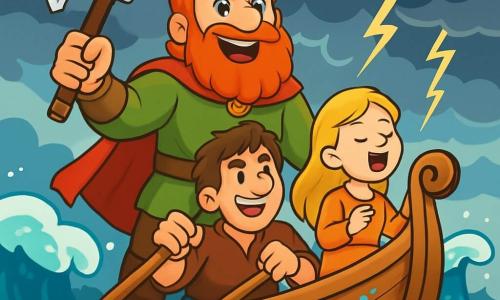 Erik le Rouge, un homme robuste, se tient à la proue d'un drakkar, sa barbe rousse brillant au soleil et ses yeux bleu clair pétillant d'excitation. Il brandit une hache ornée de motifs vikings, prêt à braver la tempête. À ses côtés, Torvald, un homme d'âge moyen aux cheveux bruns, lutte avec une rame contre les vagues tumultueuses. Frey, une jeune fille aux cheveux blonds, chante pour apaiser la mer, ses yeux reflétant courage et espoir. Le drakkar fend une mer orageuse, où des vagues géantes se dressent sous un ciel sombre. Erik et son équipage affrontent ensemble une tempête colossale, déterminés à prouver leur courage et leur solidarité face à la colère des éléments.