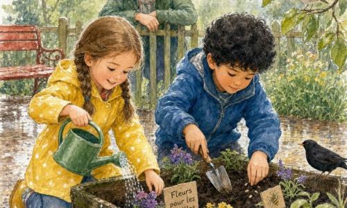 Une fillette de 6 ans joyeuse et concentrée, cheveux châtain clair en deux nattes, manteau jaune à pois et genoux un peu sales, s'agenouille pour arroser un petit bac de fleurs avec un arrosoir vert ; à sa droite Noé, environ 7 ans, sérieux et doux, cheveux bouclés noirs et veste bleue, tient une petite pelle et plante des graines à côté d'elle. Une femme d'environ 40 ans, la gardienne, souriante en veste verte, les encourage depuis l'arrière-plan, mains posées sur une clôture. Le parc, après la pluie, présente un sol brillant, herbe vert vif, gouttes sur les feuilles, un grand bac en bois patiné, un banc métallique rouge et un chemin de gravier mouillé ; terre sombre et humide, petites étiquettes « Fleurs pour les abeilles », un merle sur le bord du bac et un rouge-gorge sur une branche. Palette aquarelle douce avec lavis transparents, touches de jaune chaud et vert tendre, textures humides et éclaboussures subtiles ; focus sur les visages expressifs, les gestes délicats dans la terre et les gouttes d'eau scintillantes dans une ambiance calme et bienveillante.