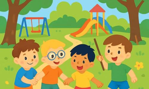 Quatre enfants se tiennent par la main dans un parc verdoyant. Lucas, 6 ans, avec des cheveux bruns en bataille et un t-shirt bleu, est un peu en retrait, souriant timidement. Max, également 6 ans, avec des cheveux blonds et des lunettes rondes, encourage Lucas avec un grand sourire. Hugo, avec des cheveux noirs et un short rouge, tient la main de Lucas, prêt à l'aider. Tom, avec des cheveux châtains et une canne en bois, montre le chemin avec confiance. Le parc est rempli d'arbres et de fleurs, avec un chemin en gravier menant à une aire de jeux. Lucas, hésitant, observe ses amis, tandis que Max et Hugo l'encouragent. Tom, devant, lève sa canne, prêt à les guider dans leur aventure.