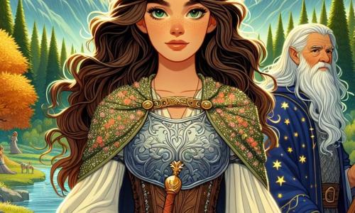 Lyra, une jeune femme de 18 ans, se tient fièrement au centre de l'image avec de longs cheveux bruns et une armure ornée de motifs floraux. Son visage déterminé est illuminé par ses yeux verts. Elle brandit une dague magique. À ses côtés, Maître Eldrin, un sage de 70 ans avec une longue barbe blanche, observe bienveillant, tenant un bâton sculpté. En arrière-plan, une vallée verdoyante entourée de montagnes, des arbres aux feuilles dorées et une rivière cristalline créent une atmosphère magique. Lyra se prépare à affronter un dragon endormi dans une caverne, sous un ciel bleu éclatant.