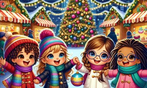 Quatre petites filles de cinq ans se tiennent la main, joyeuses. Lila, avec des cheveux bruns bouclés et un bonnet rouge, sourit. Zoé, aux cheveux blonds tressés et écharpe bleue, admire le sapin. Emma, avec des cheveux châtains et des lunettes, tient une boule de Noël, tandis que Chloé, aux cheveux noirs et lisses, porte un manteau rose et s'exclame. En arrière-plan, le marché de Noël brille avec des stands colorés et un grand sapin orné de lumières. Les amies, entourées de la magie de Noël, sont prêtes pour une aventure inoubliable, découvrant l'esprit de Noël ensemble.