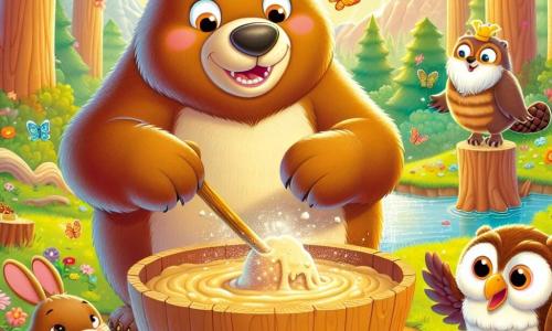 Un grand ours brun nommé Barnabé, aux yeux pétillants et au sourire joyeux, se tient au centre d'une clairière, entouré de fleurs colorées et de papillons. Il mélange une énorme pâte à gâteau dans un grand bol en bois, créant une atmosphère de fête. À sa droite, un castor espiègle nommé Bernard rit en tenant une branche comme une cuillère géante, tandis qu'à gauche, une hiboulette sage nommée Clémence observe la scène depuis une branche, avec un sourire encourageant. La clairière est baignée de lumière dorée, avec des arbres majestueux et une rivière scintillante en arrière-plan. Barnabé, entouré de ses amis, construit un gâteau géant, créant une ambiance joyeuse et festive.