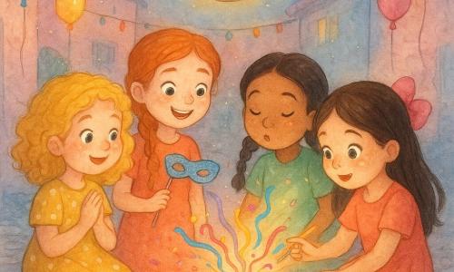 Quatre fillettes (Mila ~7 ans, cheveux blonds bouclés en robe jaune à pois ; Emma ~6 ans, cheveux roux frisés en tresse, masque pailleté à la main ; Zoé ~7 ans, cheveux noirs en tresses, chemise verte, pinceau à la main ; Lila ~7 ans, cheveux bruns avec nœud rose, robe corail) sont assises en cercle dans une petite cour pavée au crépuscule, décorée de guirlandes, ballons et lanterne en papier ; elles ouvrent ensemble une petite boîte rouge ornée de motifs dorés d'où s'échappent confettis scintillants et rubans colorés, leurs visages illuminés par la lumière chaude du coucher de soleil et l'émerveillement.