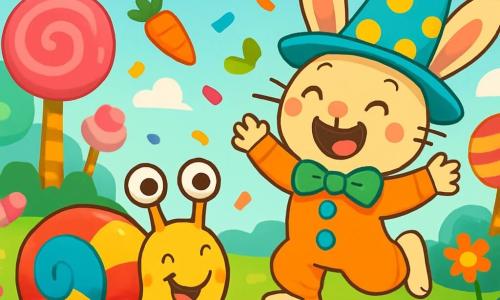 Un petit escargot nommé Gaston, avec une coquille rayée de couleurs vives, sourit joyeusement. Allongé sur l'herbe douce, il est entouré de bonbons multicolores brillants au soleil. À côté de lui, Rocco, un petit lapin en costume de clown, saute de joie, ses grandes oreilles flottant dans l'air. La scène se déroule dans une clairière enchantée avec des arbres en bonbons et des fleurs éclatantes. Gaston et Rocco s'amusent à attraper des carottes volantes, riant sous une pluie de confettis colorés.
