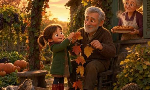 Lili, 6 ans, cheveux châtain clair en couettes, manteau vert et bottes rouges, souriante et concentrée, accroche au crépuscule une guirlande de feuilles d'automne à la tonnelle en bois tandis que la lumière dorée traverse les feuilles; Papi, ~70 ans, cheveux gris et barbe courte, pull brun, assis sur une chaise en bois, sourit et tient la ficelle; Mamie, ~68 ans, cheveux blancs en chignon, tablier à fleurs, tient un plat de tarte fumante près d'une fenêtre ouverte et regarde avec tendresse; au sol près de Lili un petit oiseau mouillé dans une boîte, et un hérisson fouille sous un buisson près de pommes tombées; jardin chaleureux avec tapis de feuilles rouges, oranges et jaunes, citrouilles, treille à raisins violets, banc en pierre; ambiance douce au vent léger, couleurs chaudes et contrastes nets, composition centrée sur la guirlande et les visages accueillants.