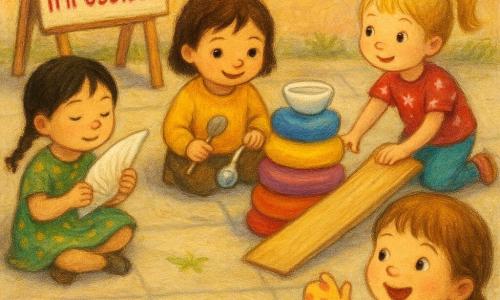 Quatre fillettes d'environ 4 ans — Lila, brune en sweat jaune au centre avec une clochette et une cuillère ; Zoé, blonde en couette à droite poussant une balle en mousse ; Inès, noire en natte à gauche agitant une feuille comme éventail ; Mila, châtain au premier plan avec une chaussette-marionnette qui parle et qui applaudit — observent, excitées et complices, la balle glisser doucement sur une rampe en bois vers un bol posé au sommet d'une tour de cinq coussins dans la cour de maternelle ensoleillée, sol en dalles avec dessins à la craie, chaise avec panneau « DÉFI IMPOSSIBLE ! », lumière douce et tons chauds rappelant des pastels gras.