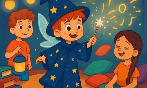 Léo, un apprenti sorcier de huit ans, se tient au centre de la chambre d'ondes, les yeux brillants d'excitation. Il porte une robe de sorcier trop grande et tient une aiguille scintillante. À ses côtés, Nila, une messagère nocturne, l'observe avec bienveillance. Tom, un garçon de neuf ans, tient une lanterne lumineuse, et Maya, une fille de huit ans, chante doucement, entourée de coussins colorés. La chambre d'ondes est ronde, remplie de coussins et de livres anciens, avec des cordes vibrantes et un mur de souvenirs scintillants. Léo est sur le point de coudre des liens invisibles avec l'aiguille magique, créant une atmosphère enchantée.