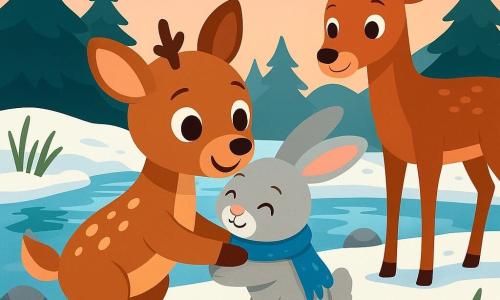 Un jeune renne brun clair tacheté crème, Nilo, aux grands yeux et bois courts enlace joyeusement un petit lapin gris, Pim, aux longues oreilles et écharpe bleue humide; un cerf ambré élancé, Orin, les observe avec bienveillance au bord d’une rivière claire aux roseaux et pierres lisses, sur une neige texturée par des empreintes, encadrés de sapins sombres, sous une douce lumière de fin de journée rose-orangée.