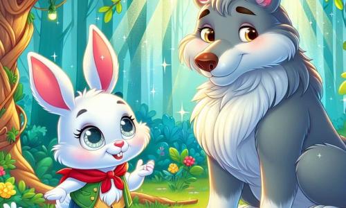 Au centre de l'image, un petit lapin nommé Léo, avec des oreilles douces et des yeux pétillants, regarde avec curiosité le Grand Méchant Loup. Léo a un pelage blanc éclatant et porte un foulard rouge, son expression est courageuse et amicale. À côté de lui, le Grand Méchant Loup, avec un pelage gris et des yeux tristes, se tient légèrement courbé, montrant une expression de soulagement et de gratitude. La scène se déroule dans une forêt enchantée, entourée d'arbres noueux et de fleurs colorées, avec un doux rayon de soleil filtrant à travers les branches. Léo encourage le loup à briser le sort qui le rendait méchant, illustrant un moment de compréhension et d'amitié naissante.