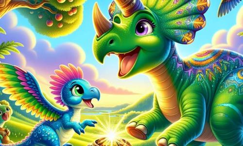 Un tricératops nommé Trixie, avec une peau verte éclatante et une grande collerette colorée, exprime une joie contagieuse en sautant, ses cornes scintillant au soleil. À ses côtés, Dino, un jeune diplodocus au long cou bleu, sourit en touchant un artefact ancien brillant sur un rocher. Lila, une petite vélociraptor aux plumes roses, se tient en retrait, les yeux écarquillés, prête à bondir de joie. La scène se déroule dans une plaine verdoyante, parsemée de fleurs, sous un ciel bleu, avec un grand arbre à fruits en arrière-plan. Trixie et ses amis découvrent un artefact mystérieux, entourés d'une atmosphère magique et joyeuse, symbolisant l'amitié et l'aventure.