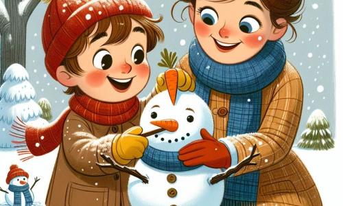 Un petit garçon de 5 ans, Lucas, avec des cheveux bruns en bataille et des joues roses, construit un bonhomme de neige. Il porte un bonnet rouge, une écharpe bleue et des gants jaunes, affichant un grand sourire. À côté de lui, sa maman, une femme d'environ 30 ans avec des cheveux châtains en chignon, l'observe fièrement, tenant une carotte pour le nez du bonhomme. La scène se déroule dans un parc enneigé, avec des arbres recouverts de neige scintillante et des flocons tombant doucement, créant une atmosphère magique. Lucas et sa maman rient et s'amusent ensemble en façonnant le bonhomme de neige.