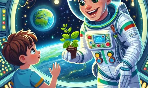 Un astronaute nommé Paul flotte dans une station spatiale, souriant et excité dans sa combinaison blanche avec des détails colorés. Il montre une plante à Léo, un garçon de 8 ans aux cheveux bruns en bataille, qui l'observe avec émerveillement en pointant la Terre visible par la fenêtre. La station est remplie de panneaux lumineux et de machines futuristes. Paul explique à Léo comment il s'occupe des plantes en apesanteur, tandis que des étoiles scintillent à l'extérieur, créant une atmosphère magique.